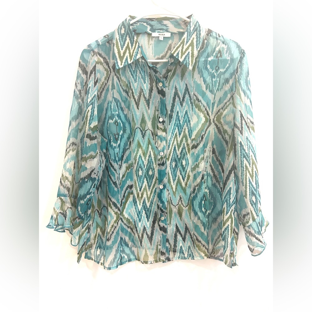 NICOLA Teal Blue Green Sheer Ikat Button-Up Blouse